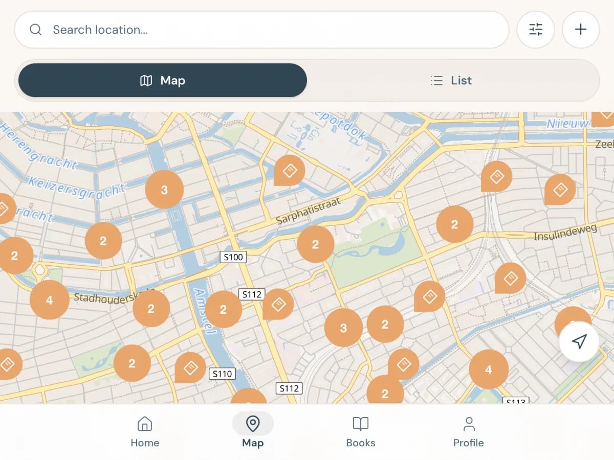 Minibieb app showing map with search, filters, and minibieb locations across Amsterdam