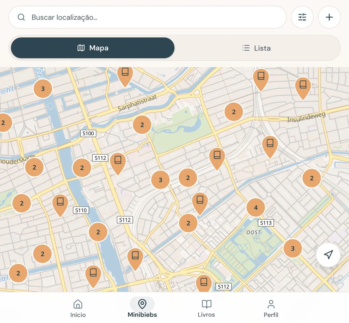 O mapa do Minibieb, com busca, filtros e a localização das minibiebs em Amsterdã