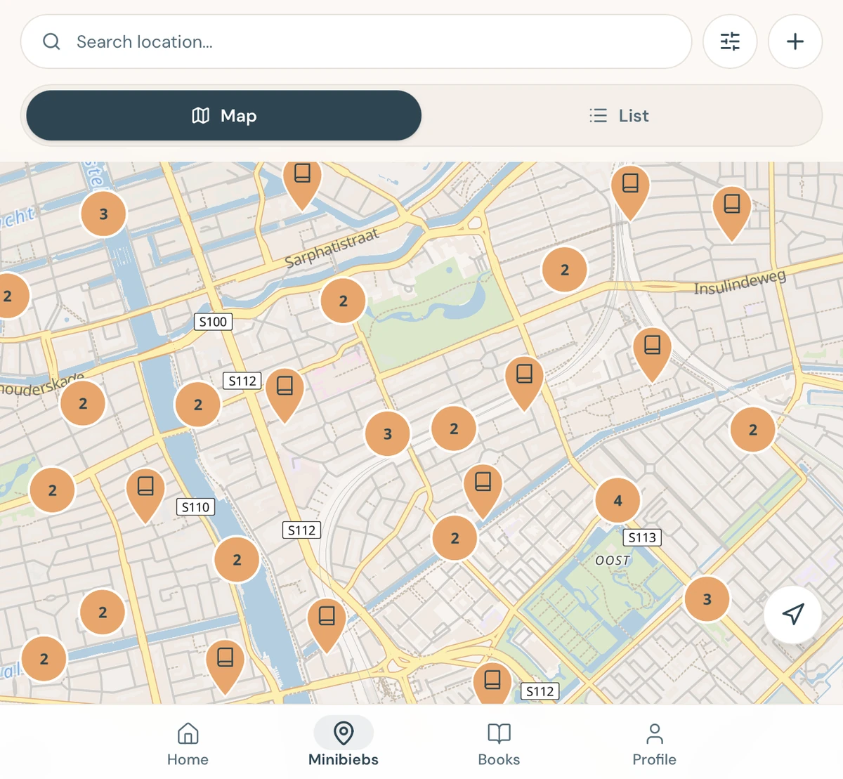 Minibieb app showing map with search, filters, and minibieb locations across Amsterdam