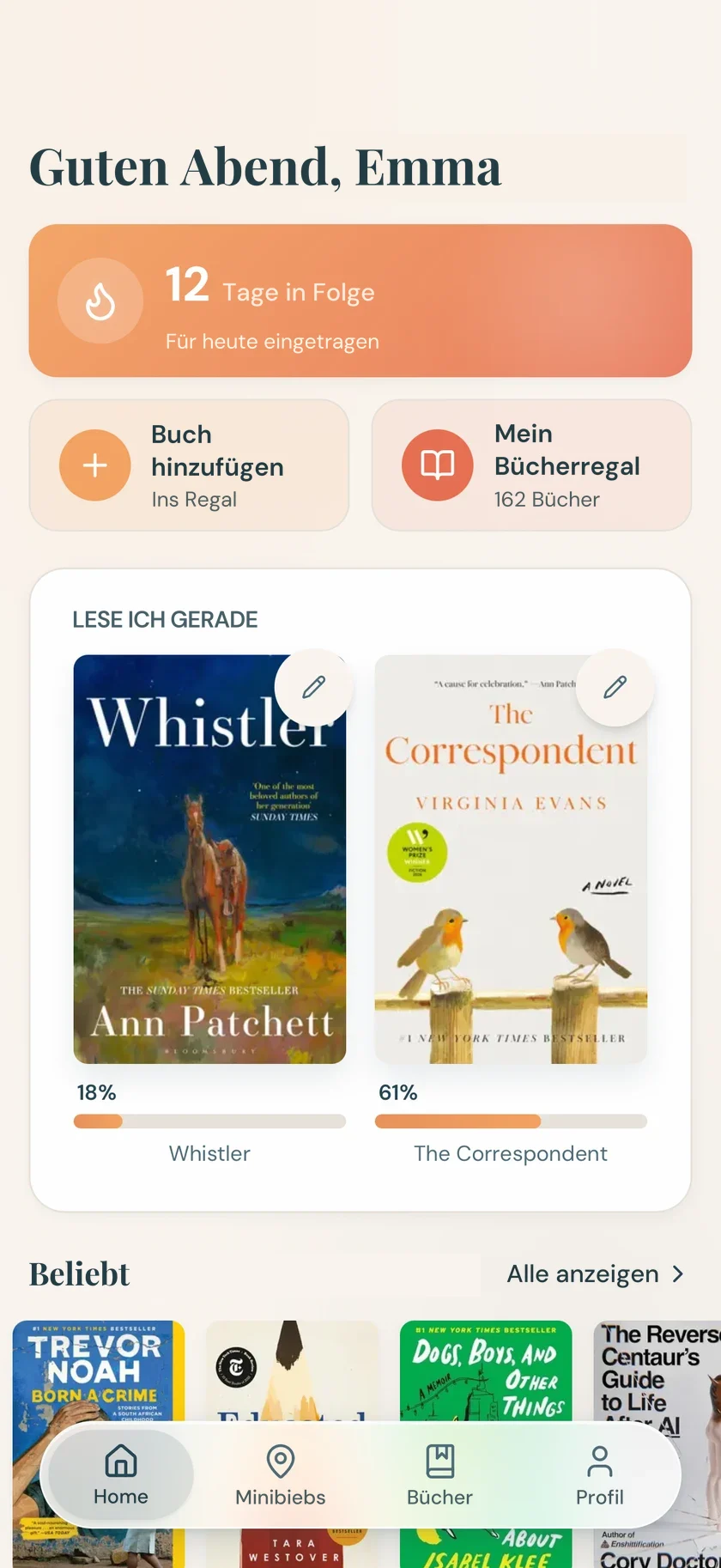 Der Startbildschirm von Minibieb: eine persönliche Begrüßung, eine Leseserie, die Bücher, die du gerade liest, und was andere Lesende gerade in die Hand nehmen