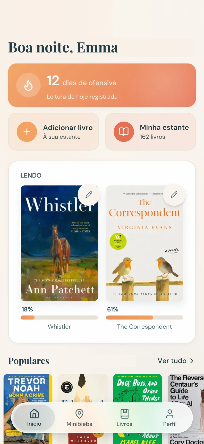 A tela inicial do Minibieb: uma saudação pessoal, uma ofensiva de leitura, os livros que você está lendo e o que outros leitores estão pegando para ler